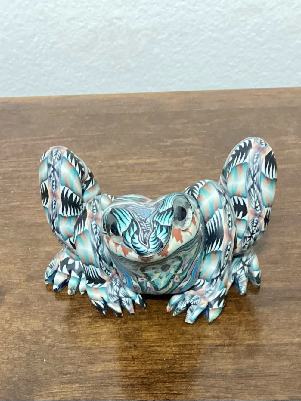 Hand-Painted Ceramic Frog Sculpture in Turquoise Pattern